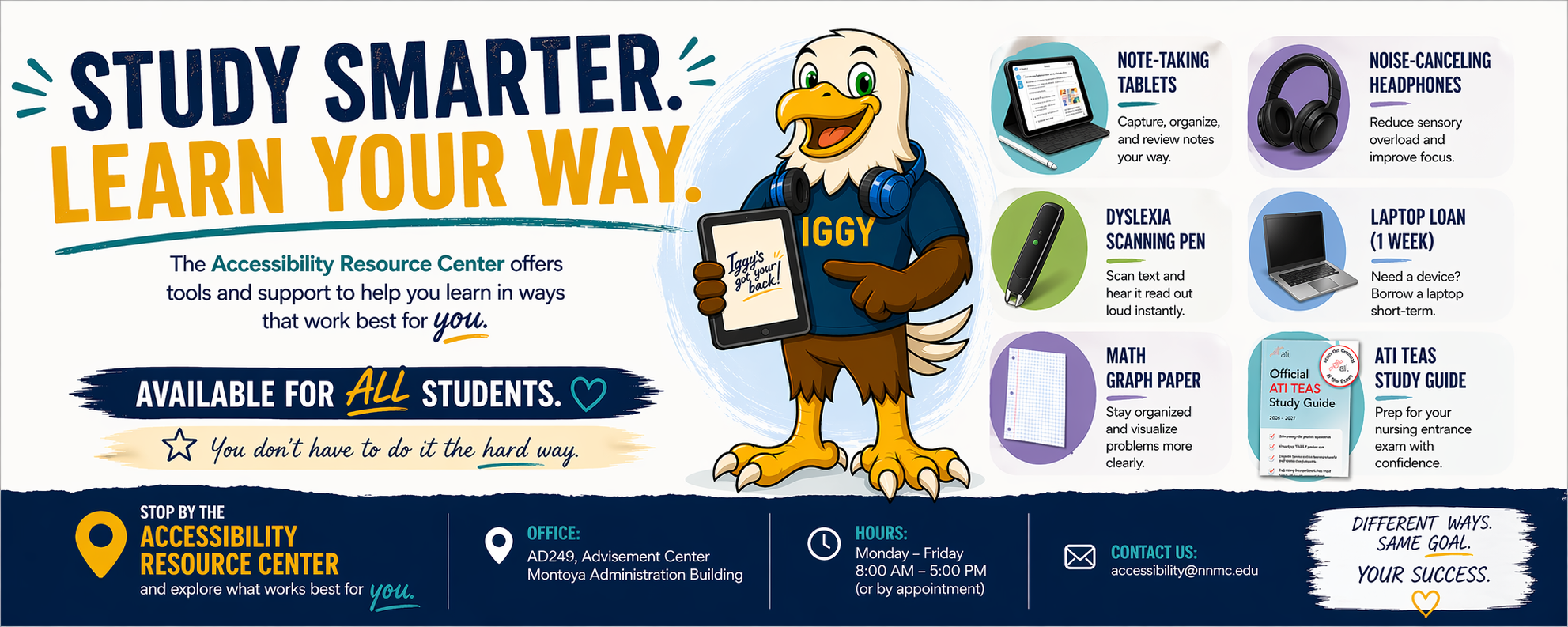 Flyer with the headline “Study Smarter. Learn Your Way.” featuring Iggy the eagle mascot holding a tablet that says “Iggy’s got your back.” The Accessibility Resource Center offers tools for all students, including note-taking tablets, noise-canceling headphones (to reduce sensory overload), a dyslexia scanning pen (reads text aloud), a one-week laptop loan, math graph paper, and an ATI TEAS study guide. Text highlights that students don’t have to do it the hard way and encourages them to visit the center. Location: AD249, Advisement Center, Montoya Administration Building. Hours: Monday–Friday, 8:00 AM–5:00 PM (or by appointment). Contact: accessibility@nnmc.edu . Closing message: “Different ways. Same goal. Your success.”