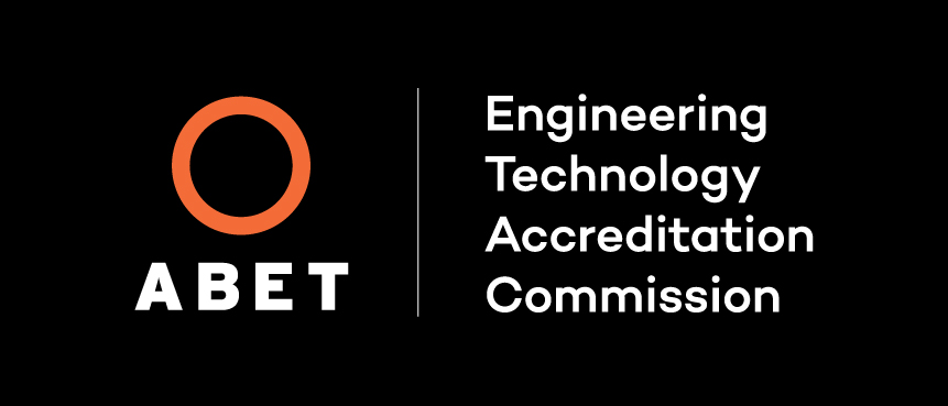 The ABET logo which has the word ABET on a black background with an orange circle above it. On the right it reads "Engineering Technology Accreditation Commission."