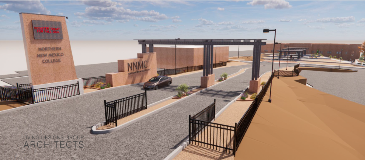 Living Designs Group Architects’ rendering of the redesigned front entrance for Northern New Mexico College, with new signage and gateway.